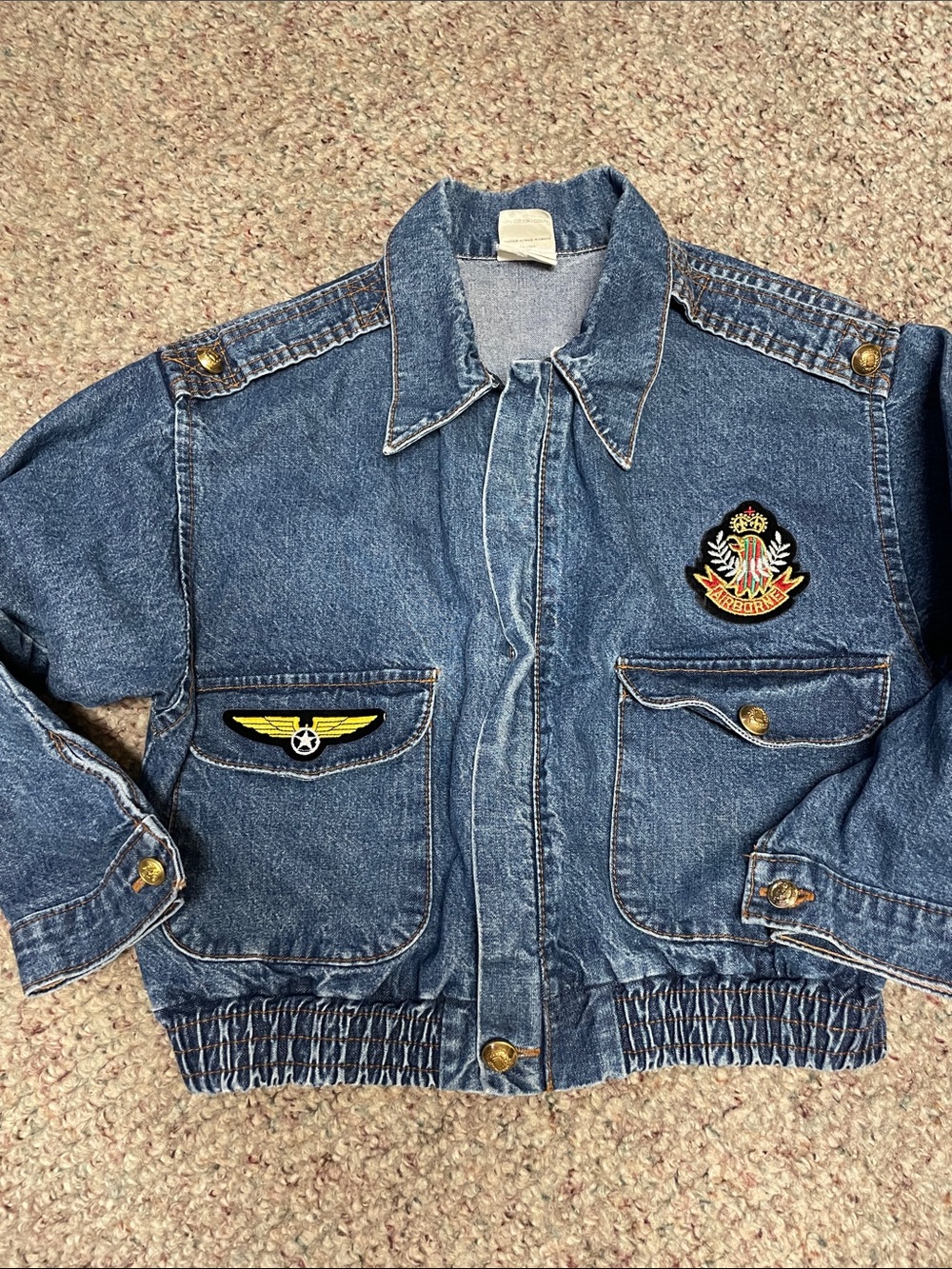 Vintage 80s top gun style bomber cropped jean jacket with patches - adorable